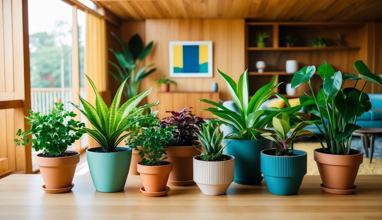 Various potted plants on a wooden table in a modern, wood-paneled room