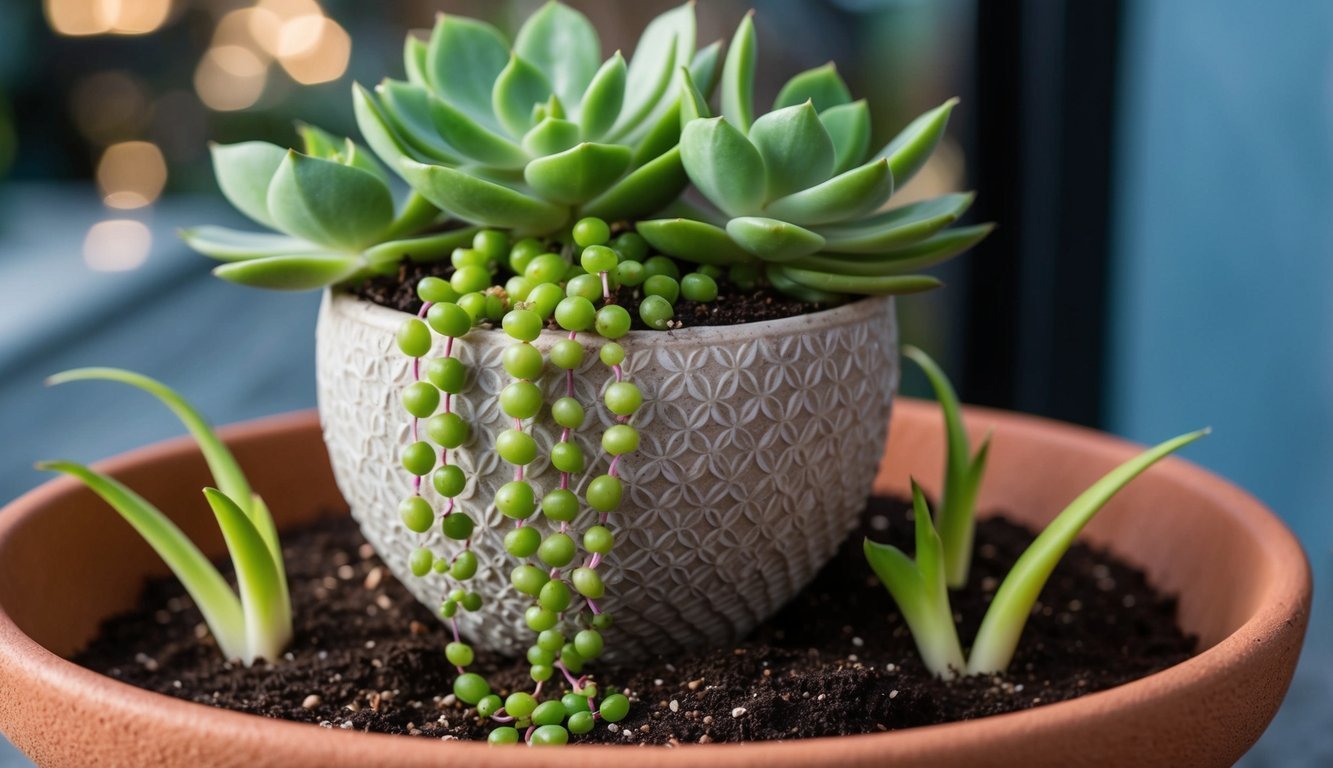 Succulents and string of pearls plant in decorative pot, terracotta base