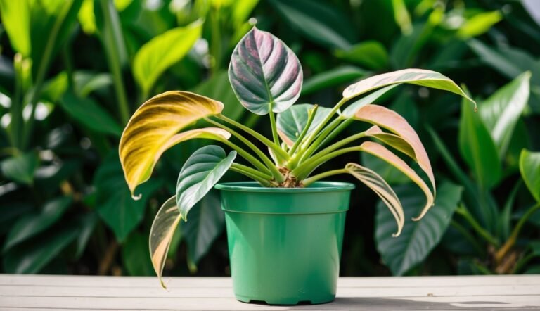 Colorful houseplant in a green pot, with pink, yellow, and green leaves