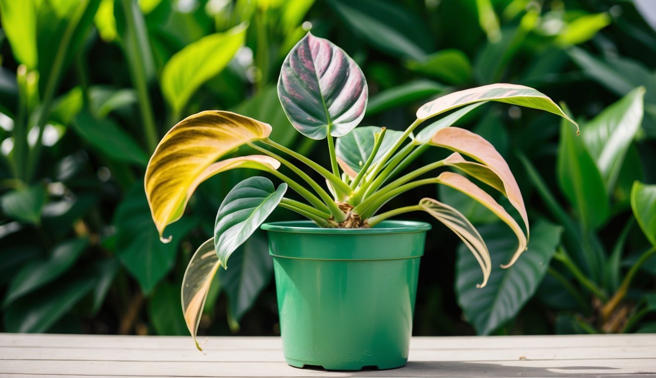 Colorful houseplant in a green pot, with pink, yellow, and green leaves