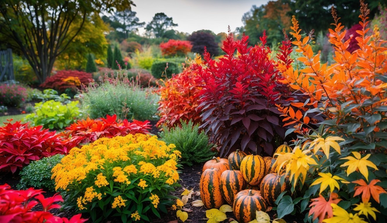 Colorful autumn garden with pumpkins, flowers, and vibrant foliage