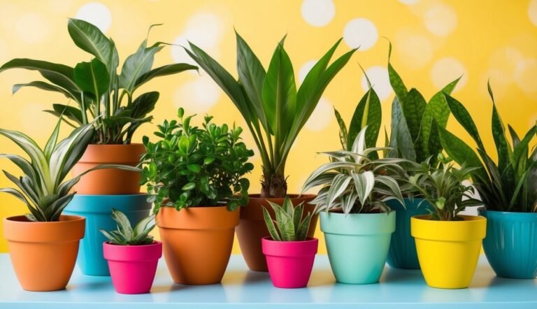 Various potted plants in colorful pots against a yellow background