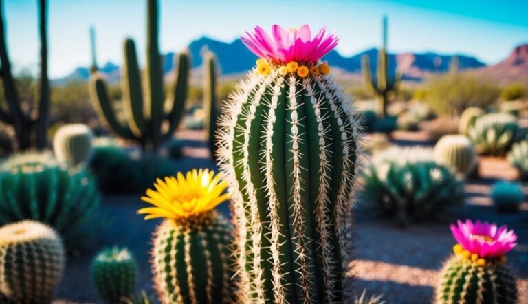 Flowering cacti in a desert landscape with mountains in the background