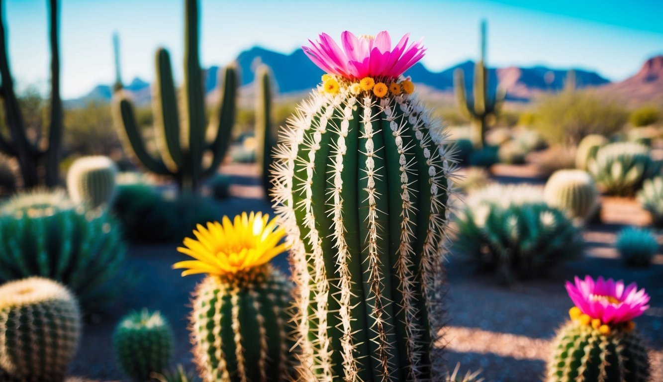 Flowering cacti in a desert landscape with mountains in the background