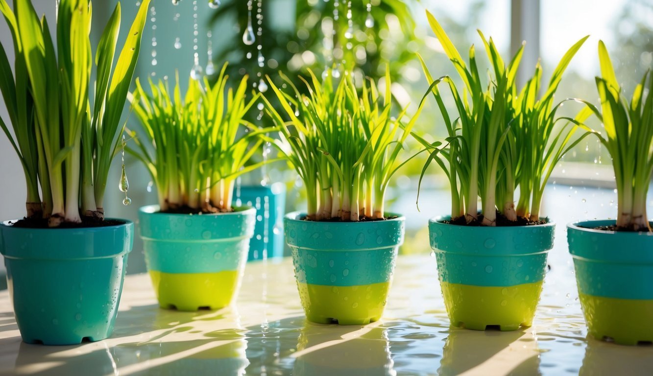 Five potted plants with green leaves, being watered, in a bright room