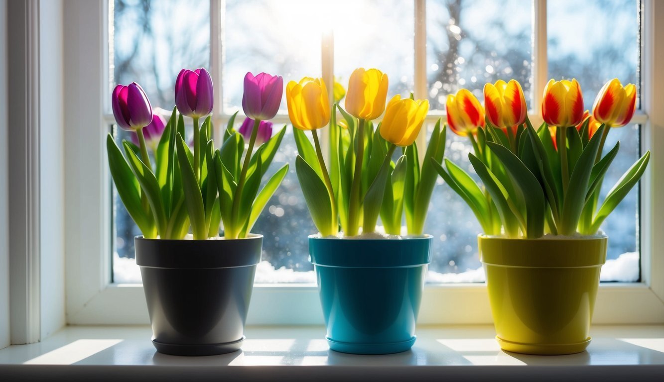 Three pots of colorful tulips sit on a windowsill