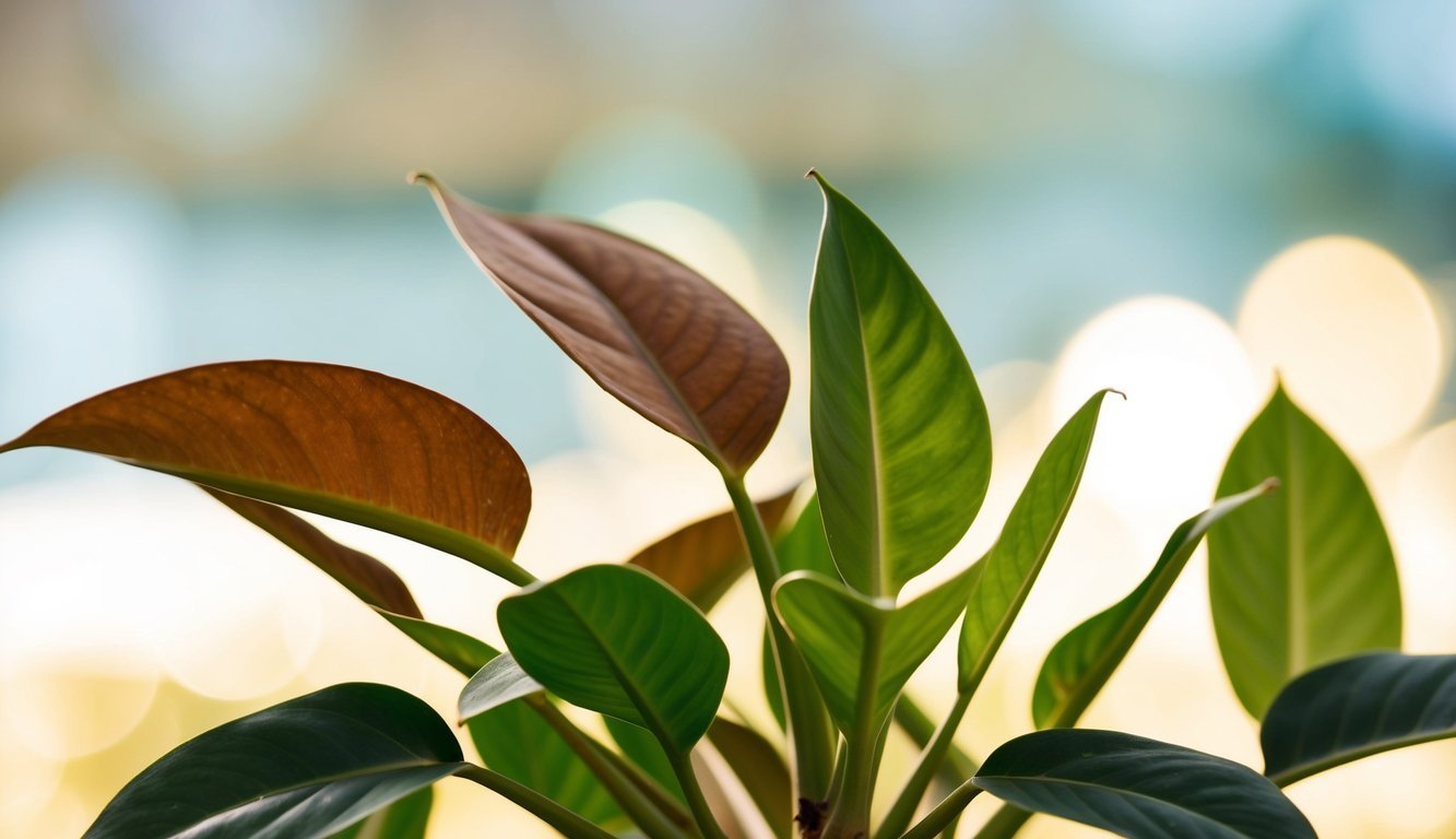 Close-up of plant with green and brown leaves, blurred background