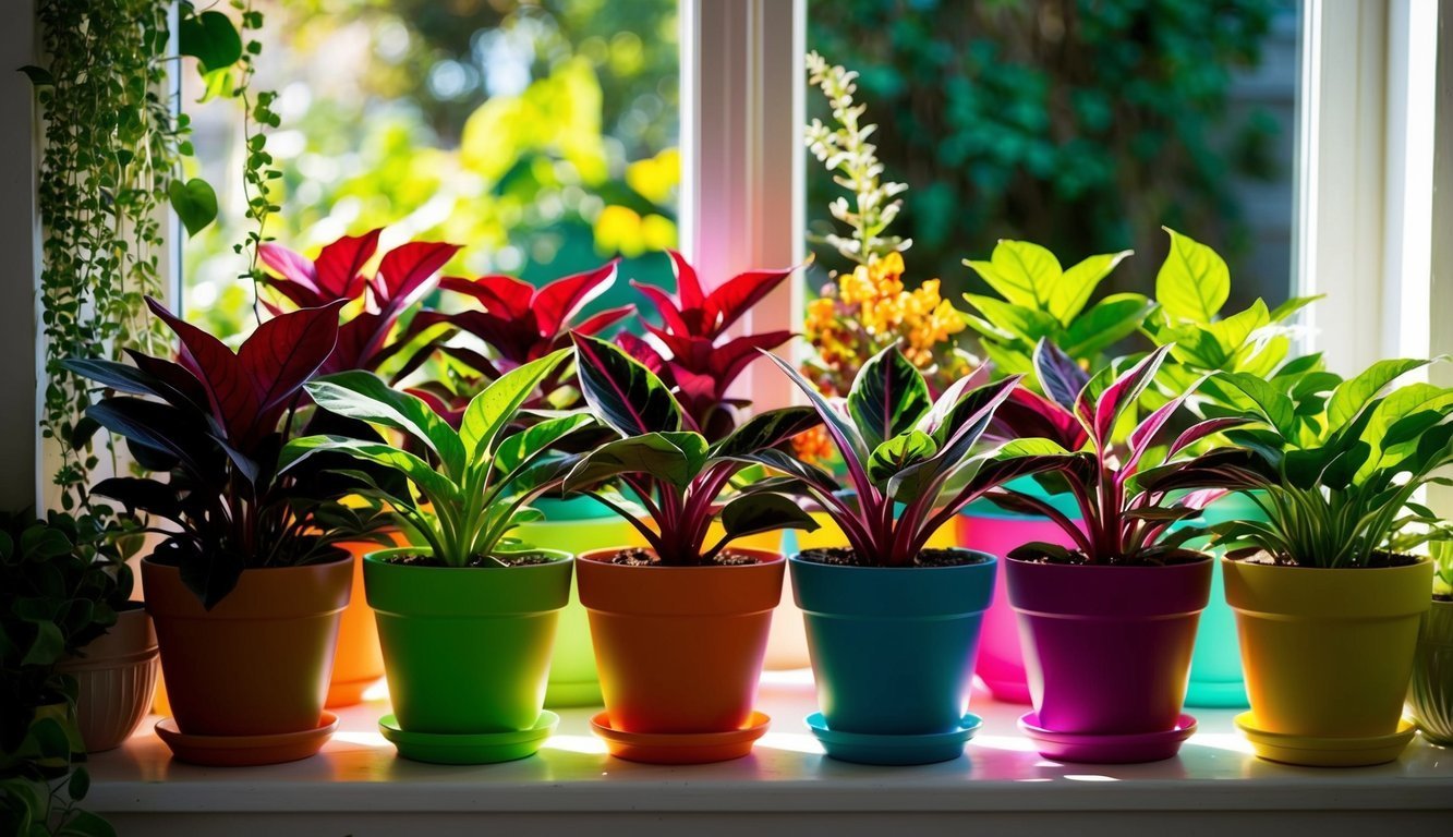Colorful potted plants sit on a windowsill with a bright, blurred background