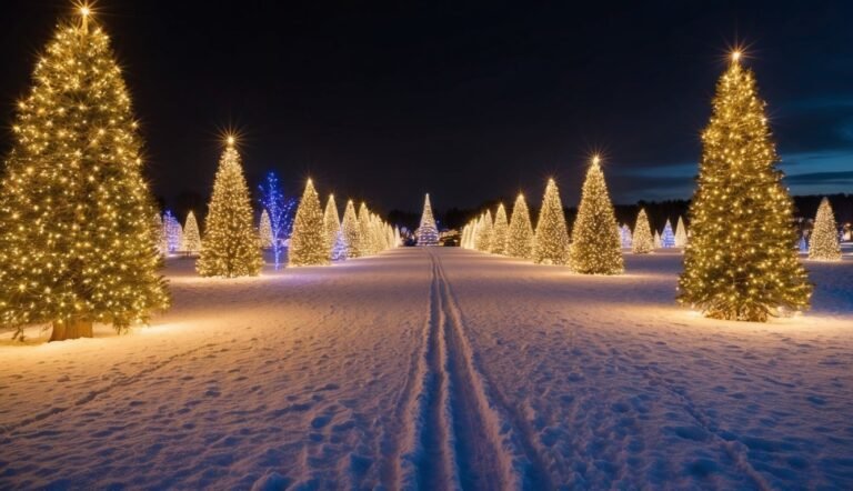 Christmas trees with lights line a snowy path at night