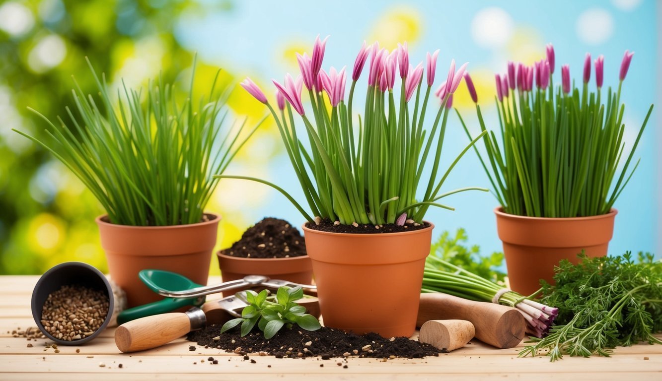 Potted plants, gardening tools, and herbs on a wooden table with a blurred background