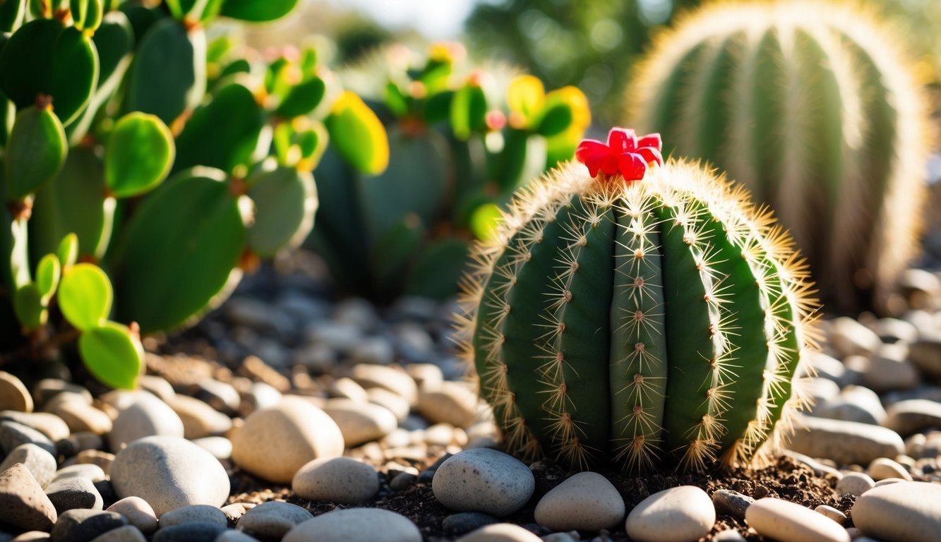 Green cactus with red flower, surrounded by rocks and other cacti
