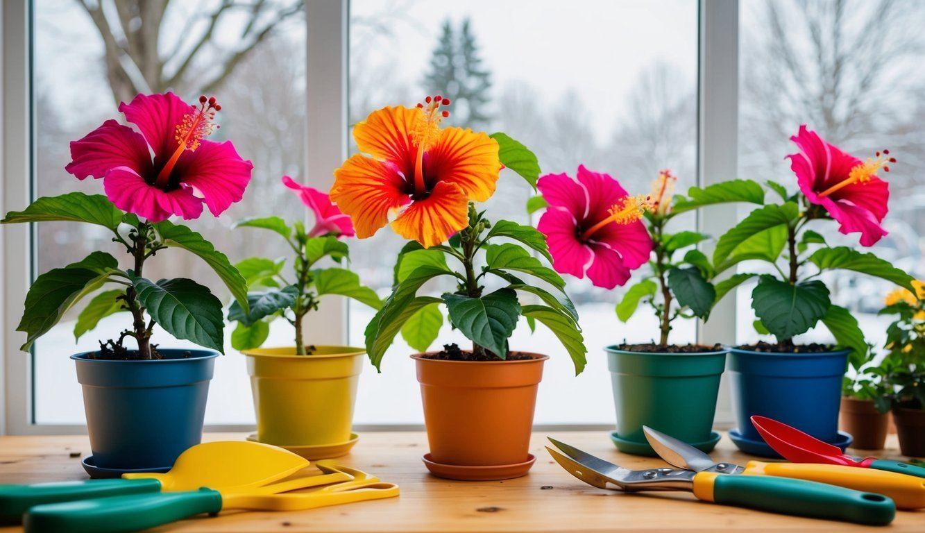 Hibiscus plants in colorful pots with gardening tools on a wooden table