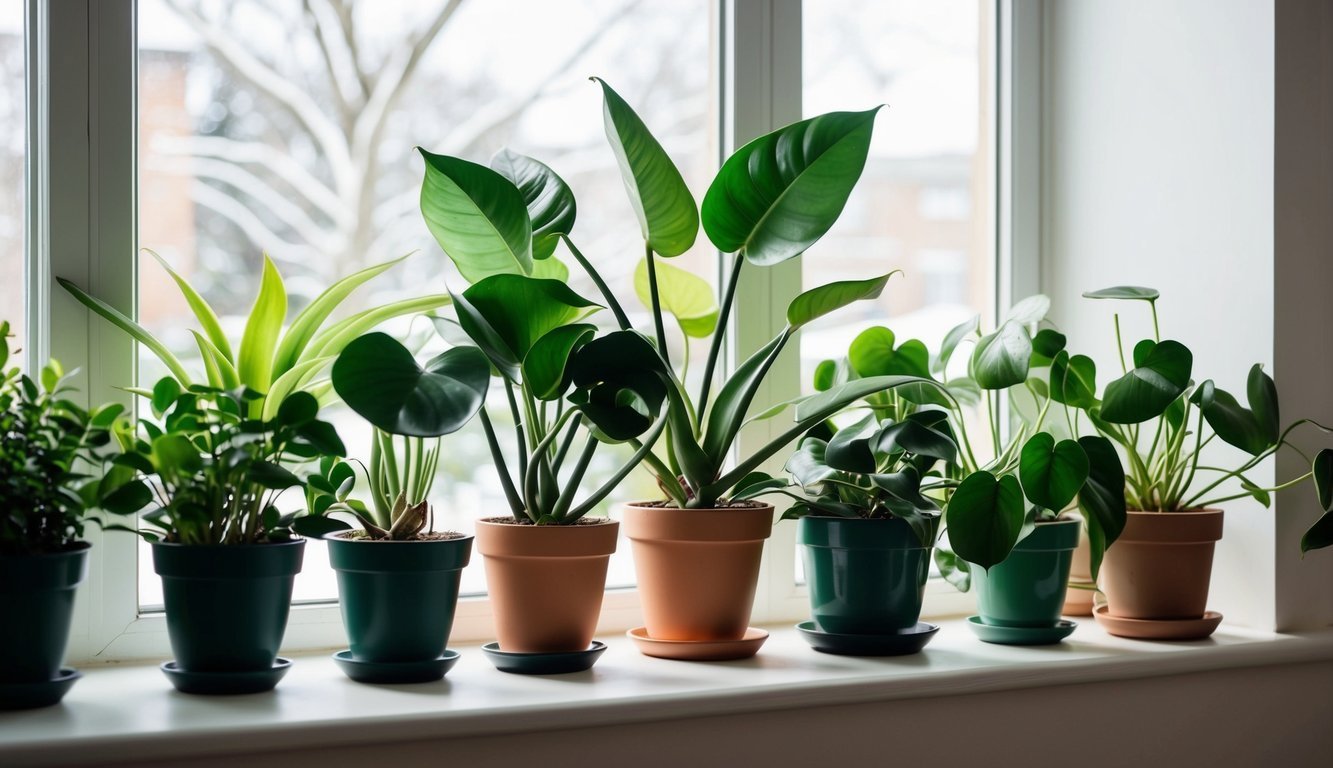 Various potted houseplants on a windowsill with a snowy outdoor view