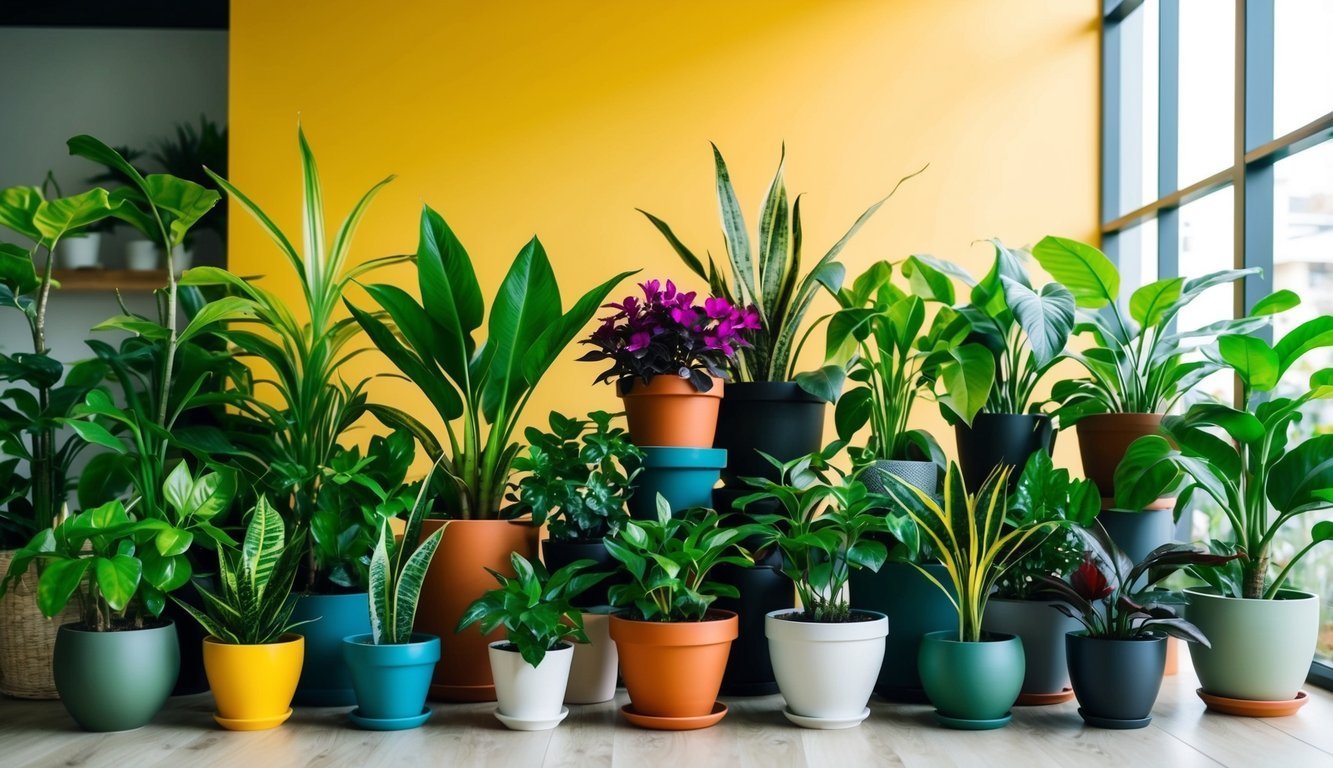 Various potted houseplants in colorful pots against a yellow wall