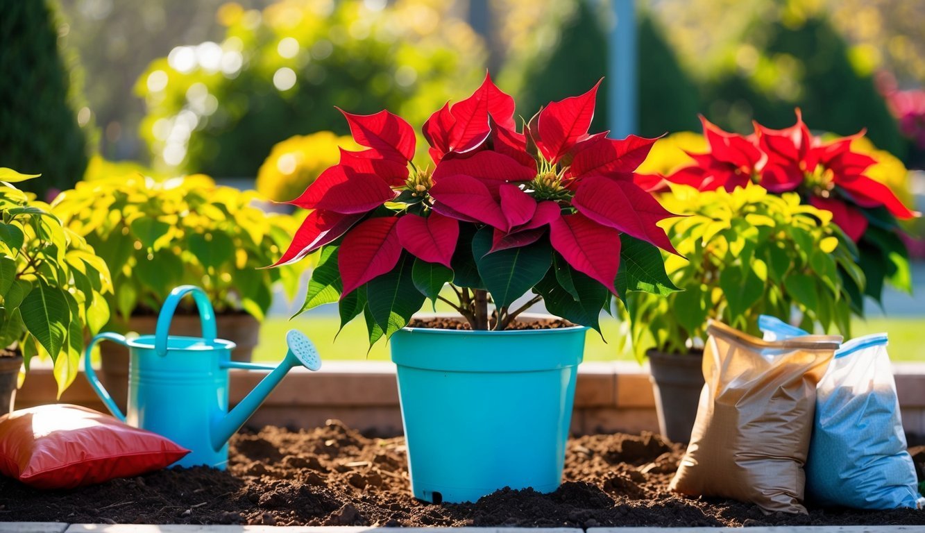 Red poinsettia plant in a blue pot with gardening supplies