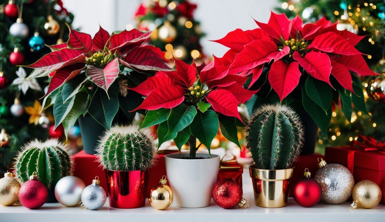 Poinsettias, cacti, and Christmas ornaments on a white surface, festive background