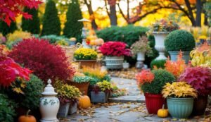 Colorful autumn garden with potted plants, pumpkins, and fallen leaves on a stone path
