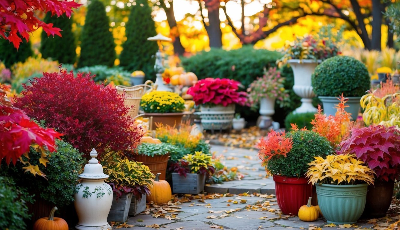Colorful autumn garden with potted plants, pumpkins, and fallen leaves on a stone path