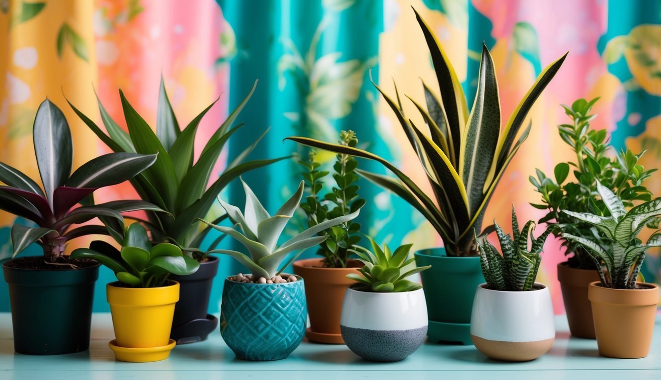 Various potted plants in front of a colorful, patterned curtain