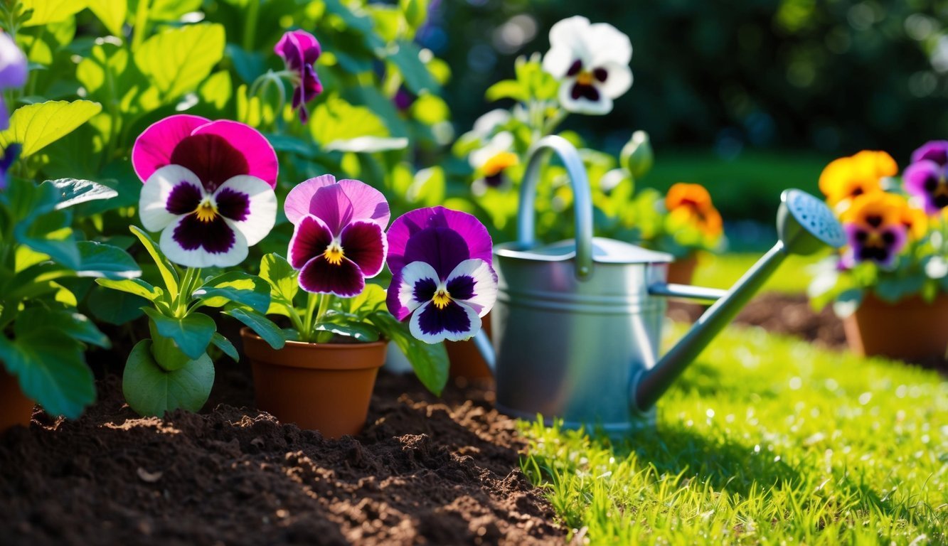 Pansy flowers in pots next to a watering can in a garden