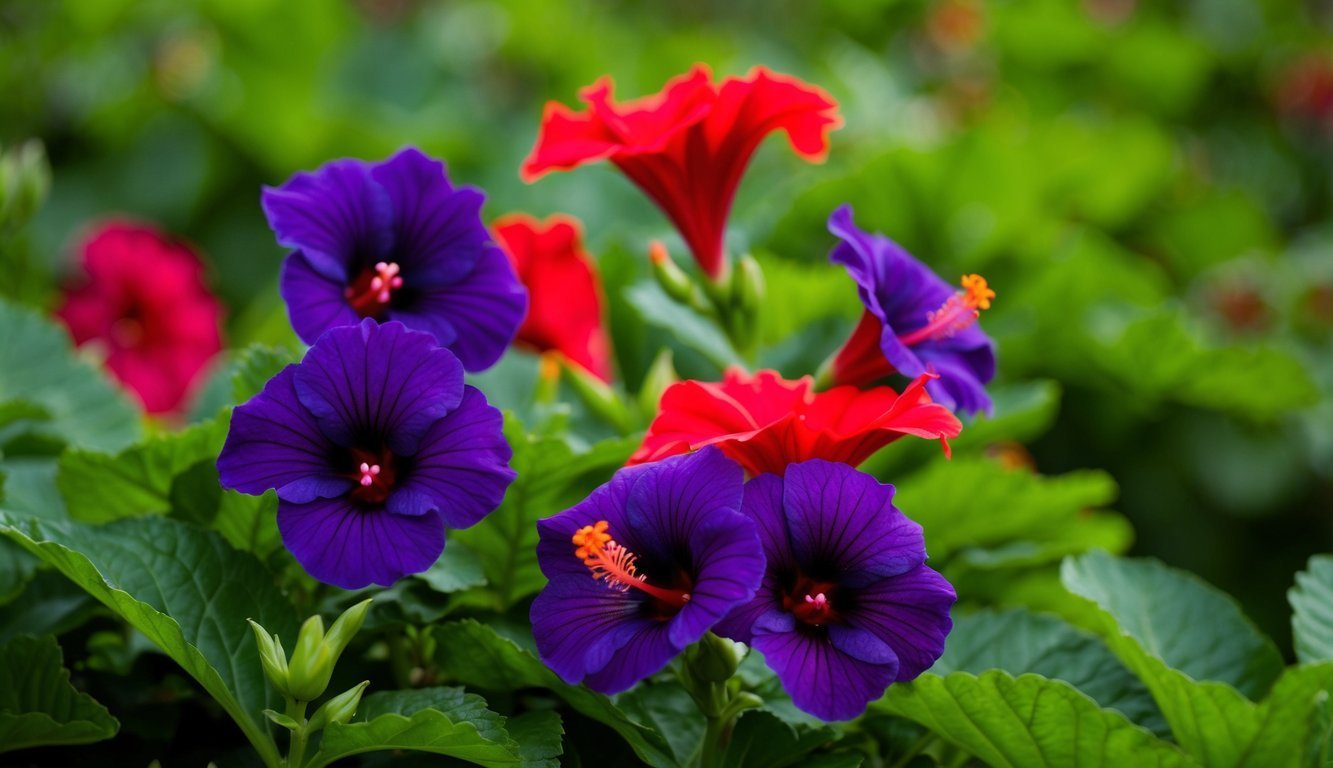 Purple and red hibiscus flowers with green leaves in a garden