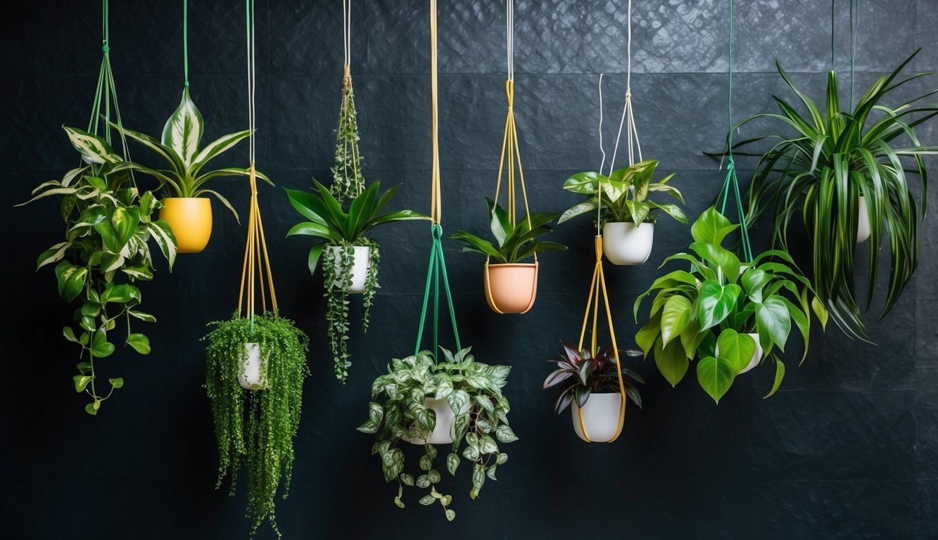 Hanging plants in colorful pots against a dark tiled wall