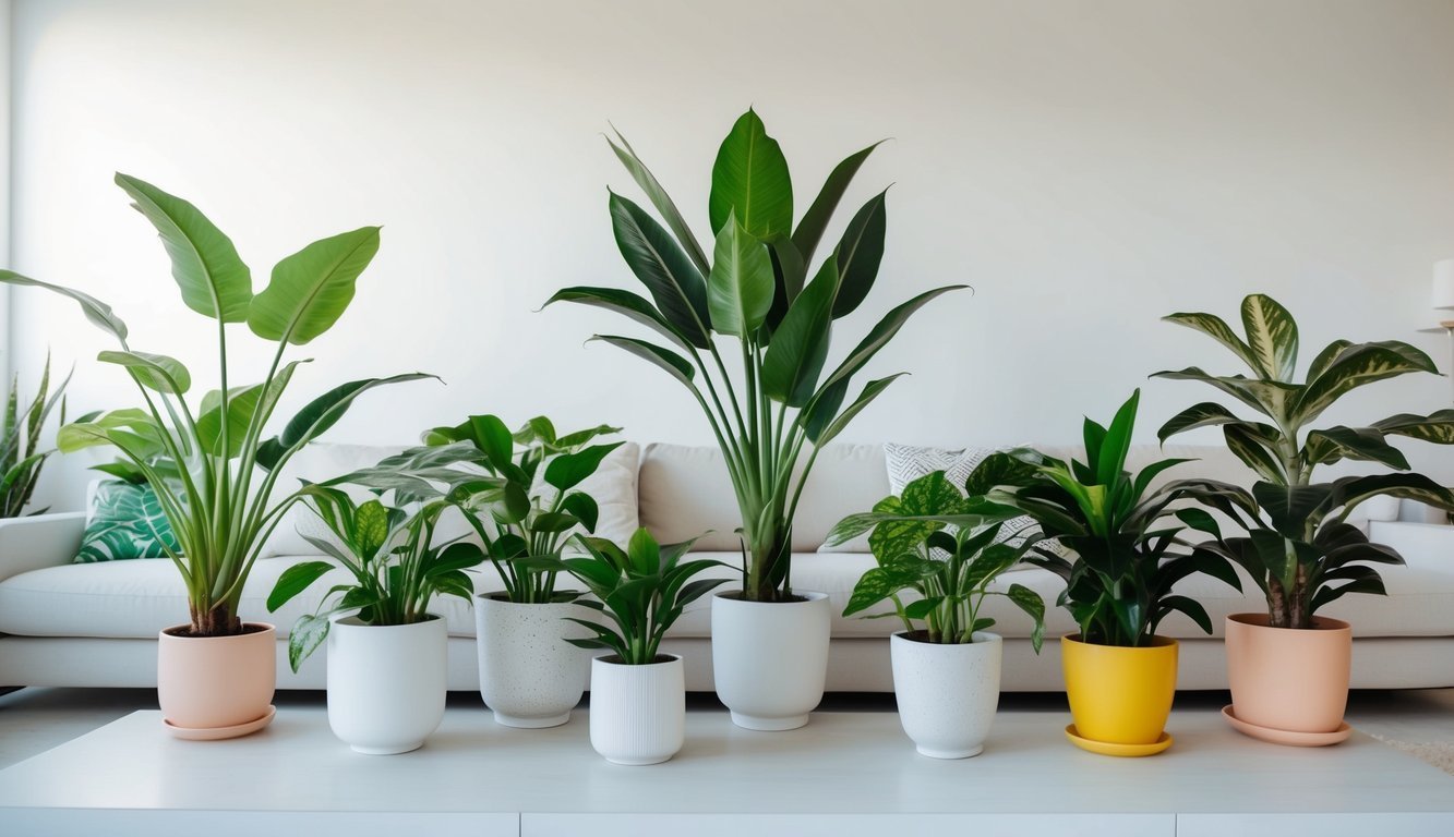 Several potted plants on a white table in front of a white couch