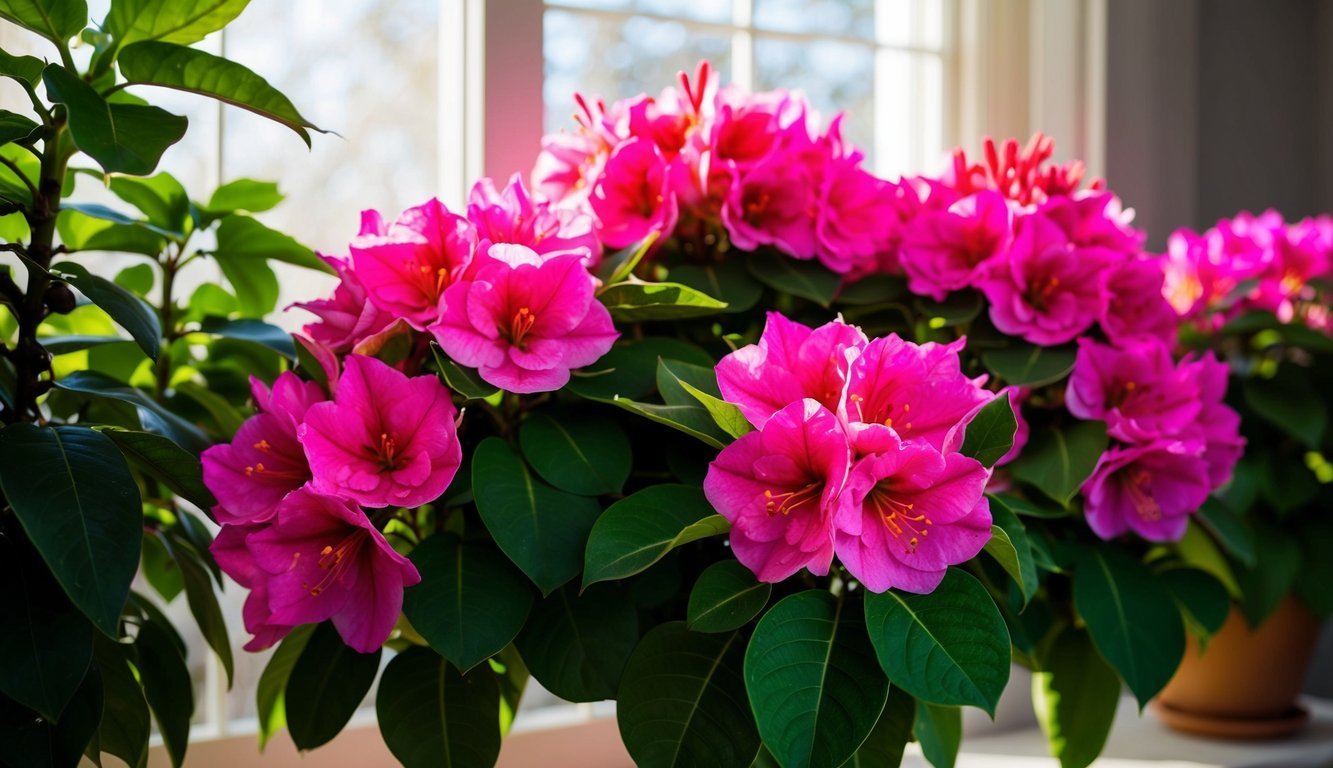 Bright pink rhododendron flowers in bloom, with green leaves, near a window