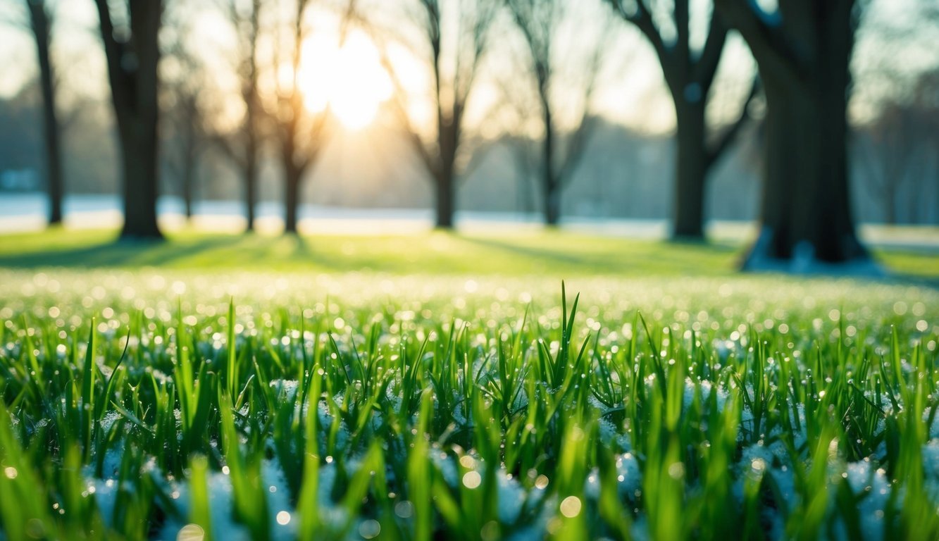 Close-up of green grass with snow, trees, and a bright sunrise