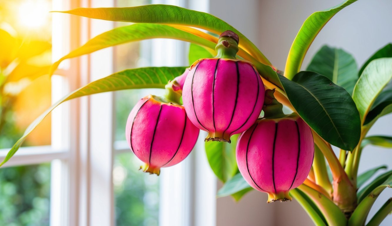 Three pink, striped flowers with green leaves in front of a window