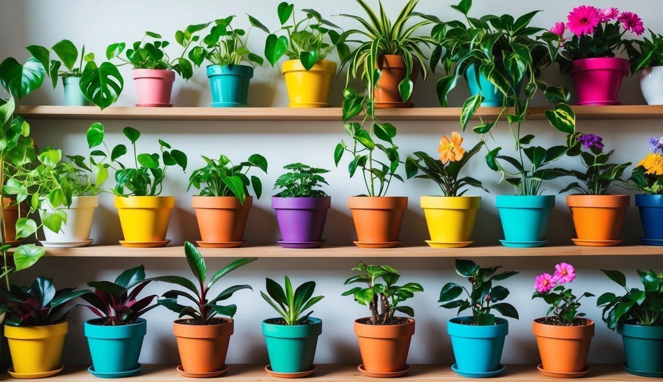 Various potted plants on wooden shelves against a white wall