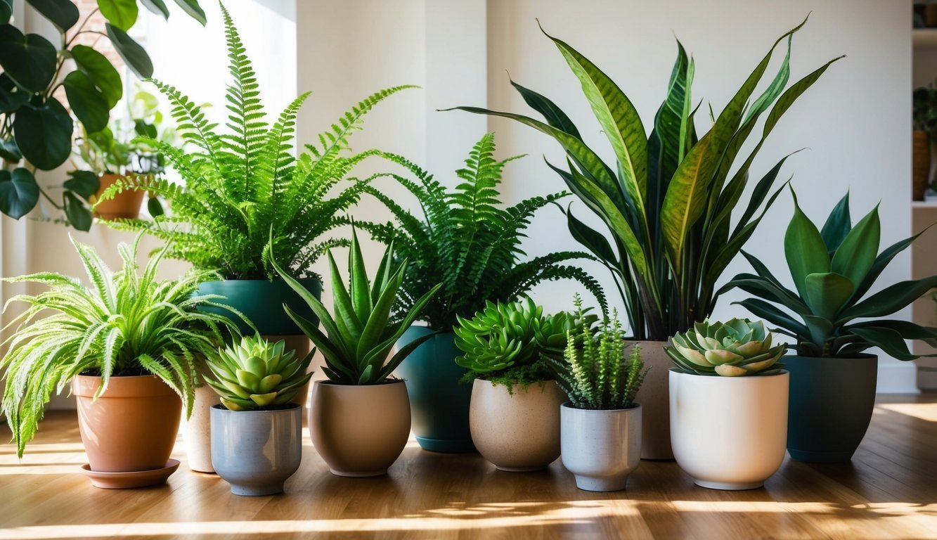 Various potted plants arranged on a wooden floor against a white wall