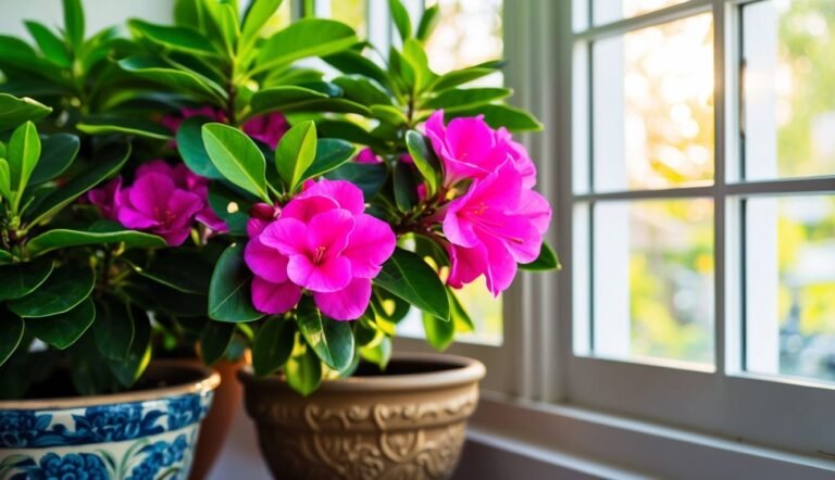 Potted pink rhododendron flowers sit by a window with sunlight shining through