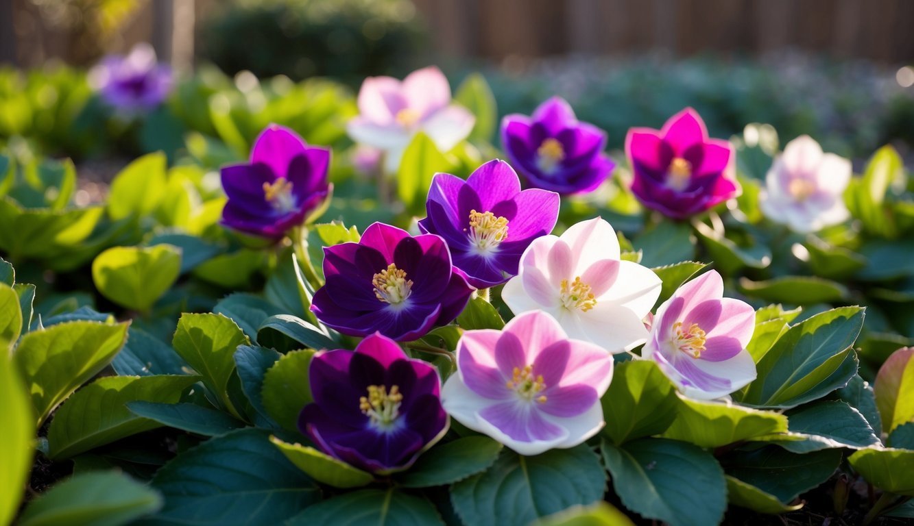 Close-up of colorful hellebore flowers in a garden setting