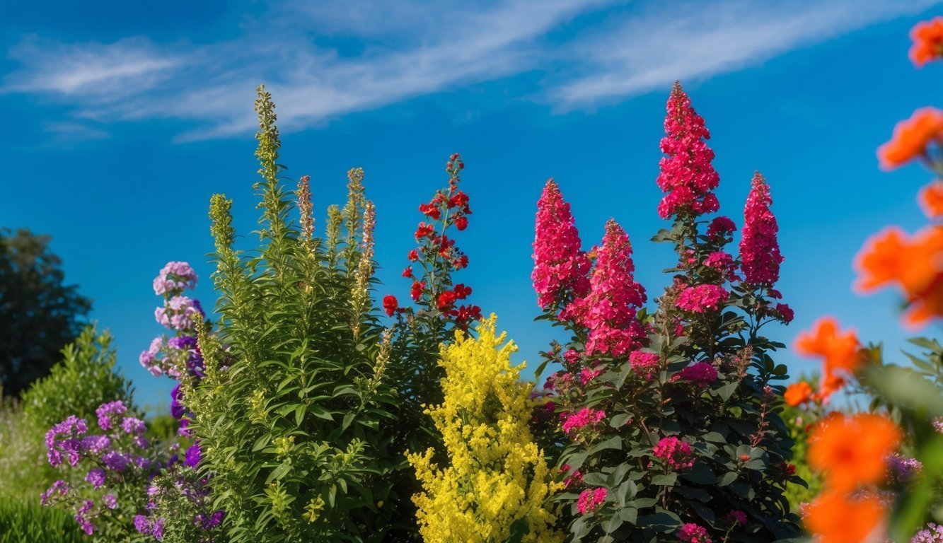 Colorful flowers of various heights against a bright blue sky