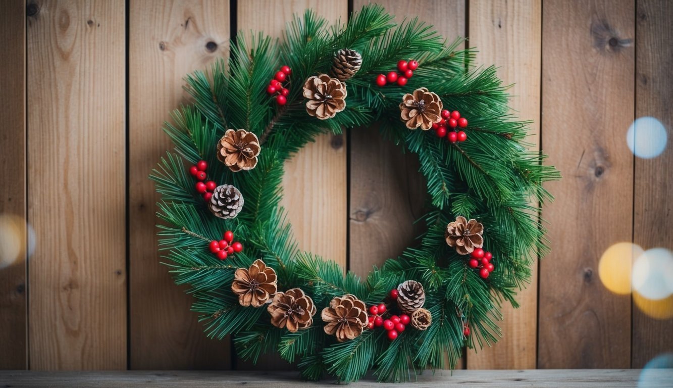 Christmas wreath with pinecones and red berries on a wooden background