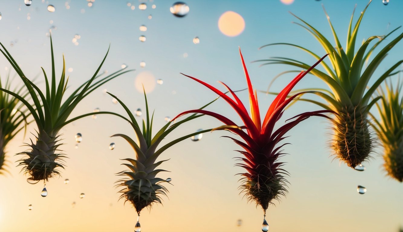 Air plants with water droplets against a blue and yellow background