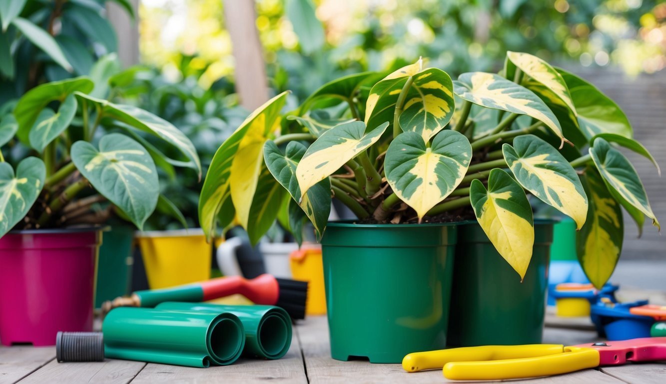 Potted plants with yellow and green leaves, gardening tools on a wooden table