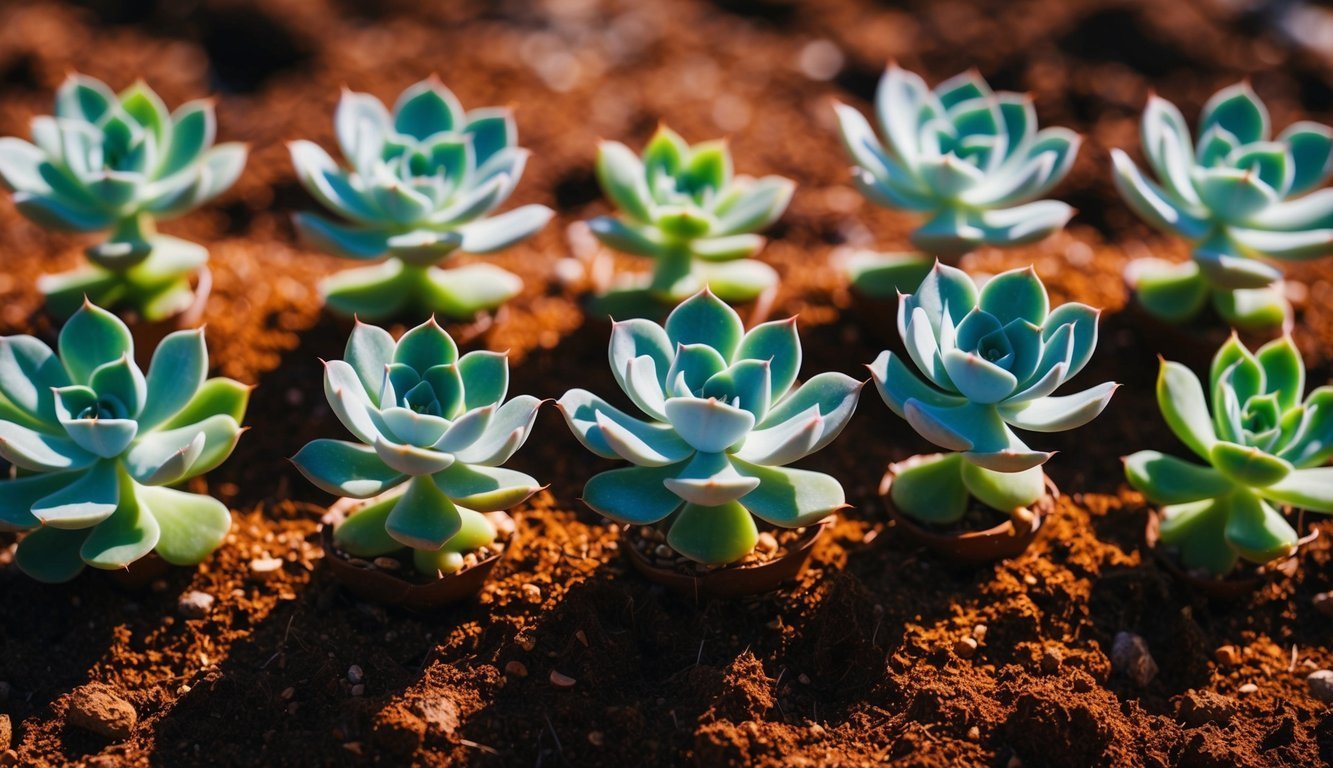 Rows of small succulents in pots planted in brown soil