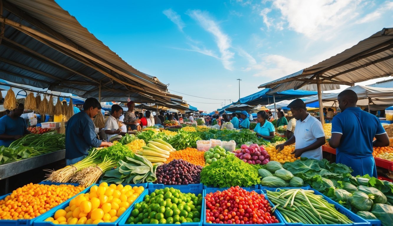 Outdoor market with colorful produce displayed under awnings, people shopping