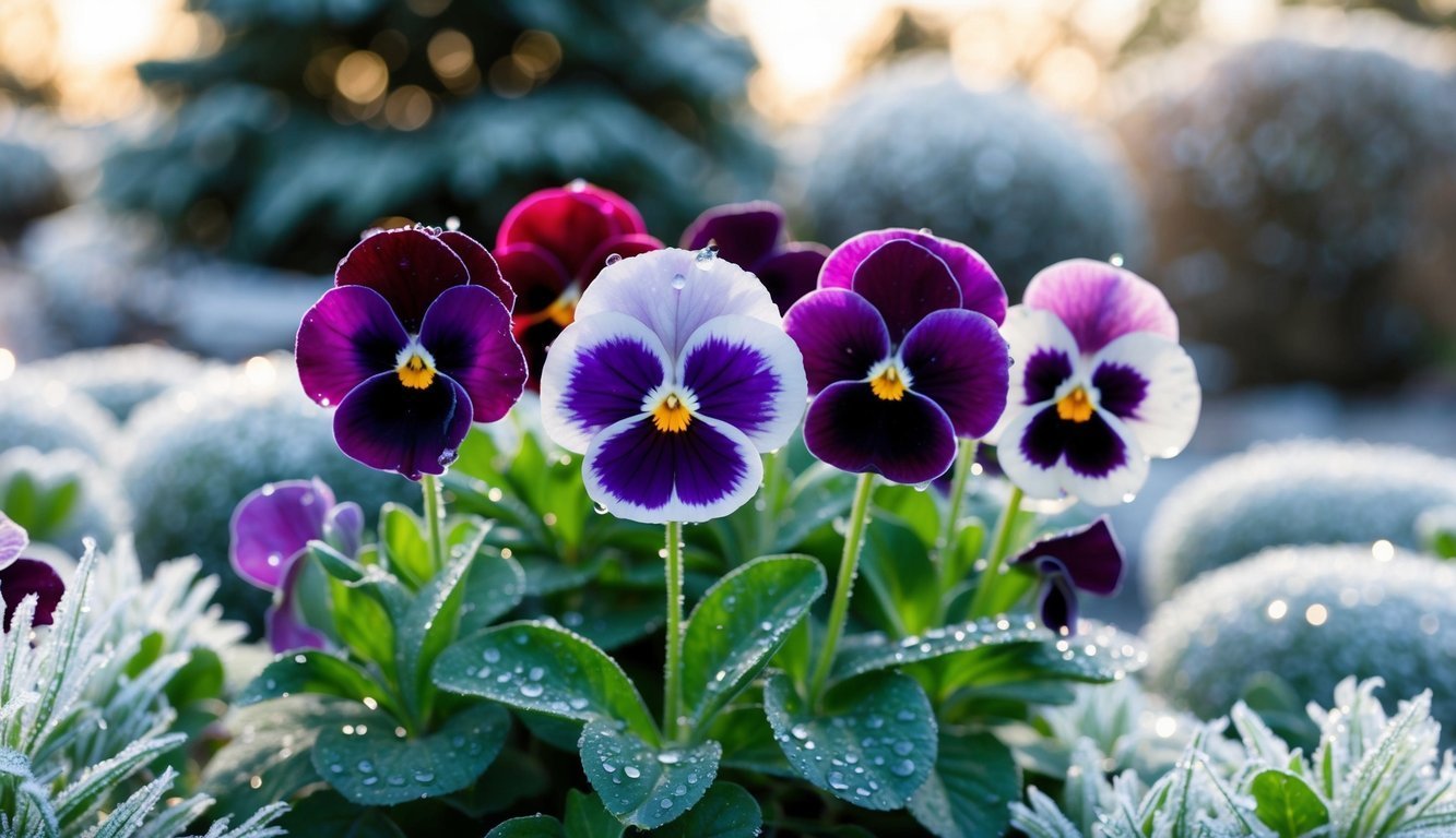 Close-up of colorful pansies with water droplets, surrounded by frosted greenery