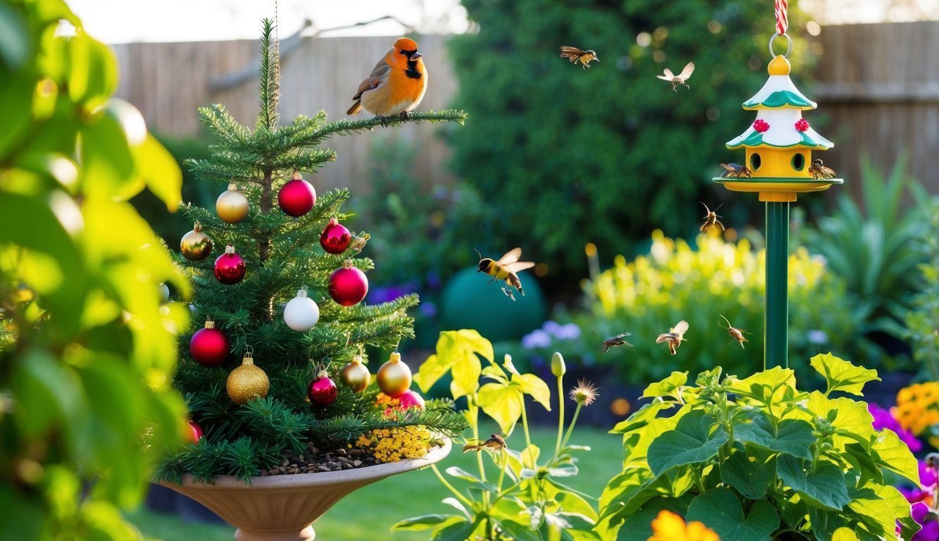Christmas tree with ornaments, bird, birdhouse, and flying insects in a garden