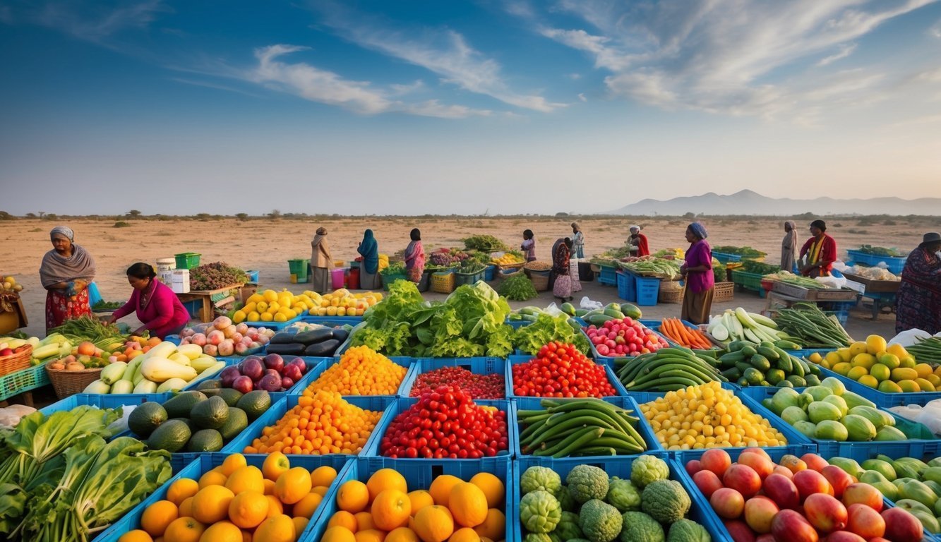 Outdoor market with colorful produce in blue crates, people, and desert landscape