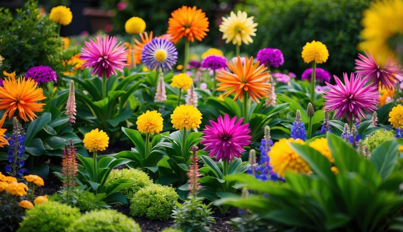 Colorful garden bed filled with vibrant orange, yellow, and purple flowers