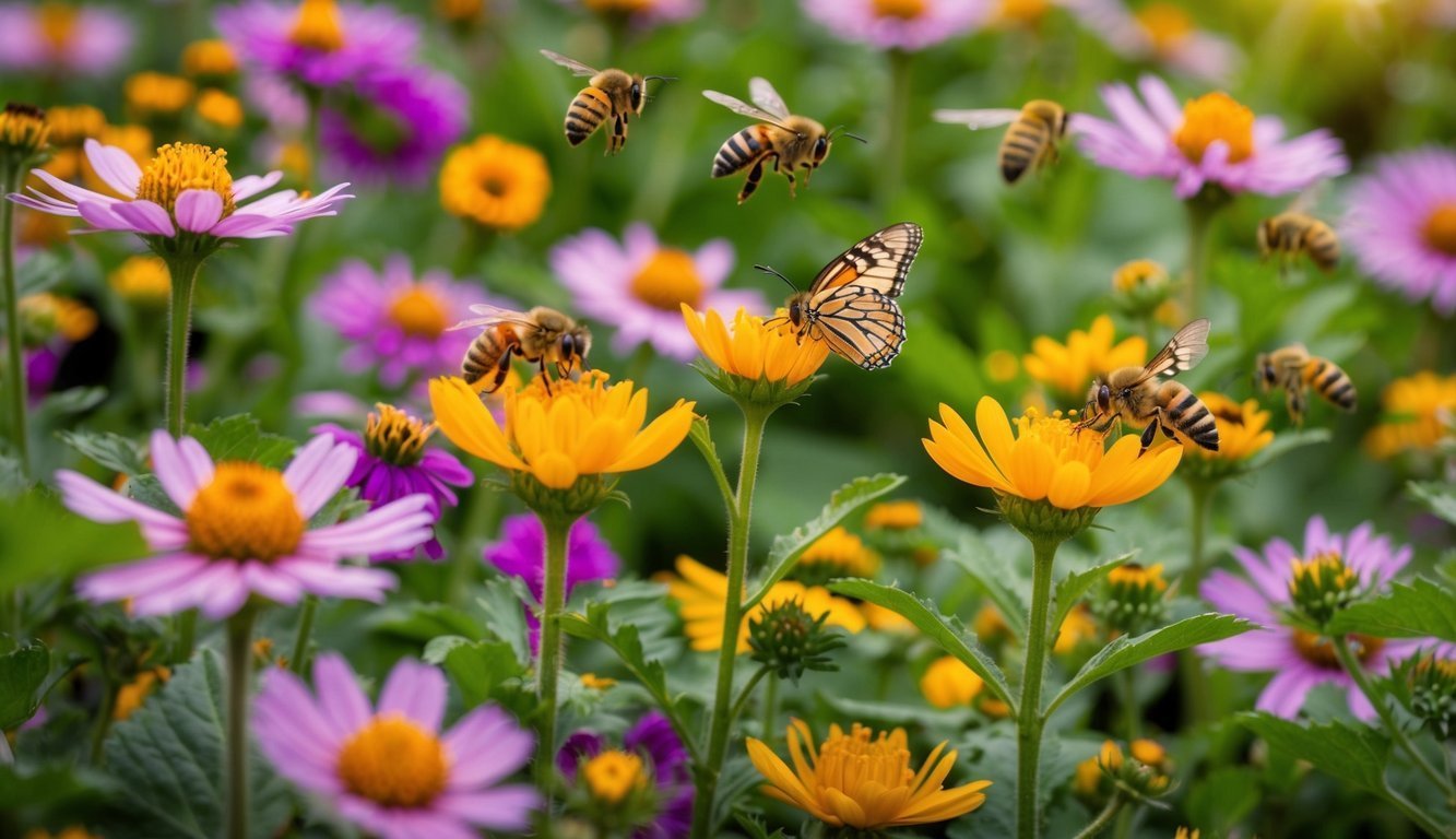 Bees and a butterfly on colorful flowers in a garden