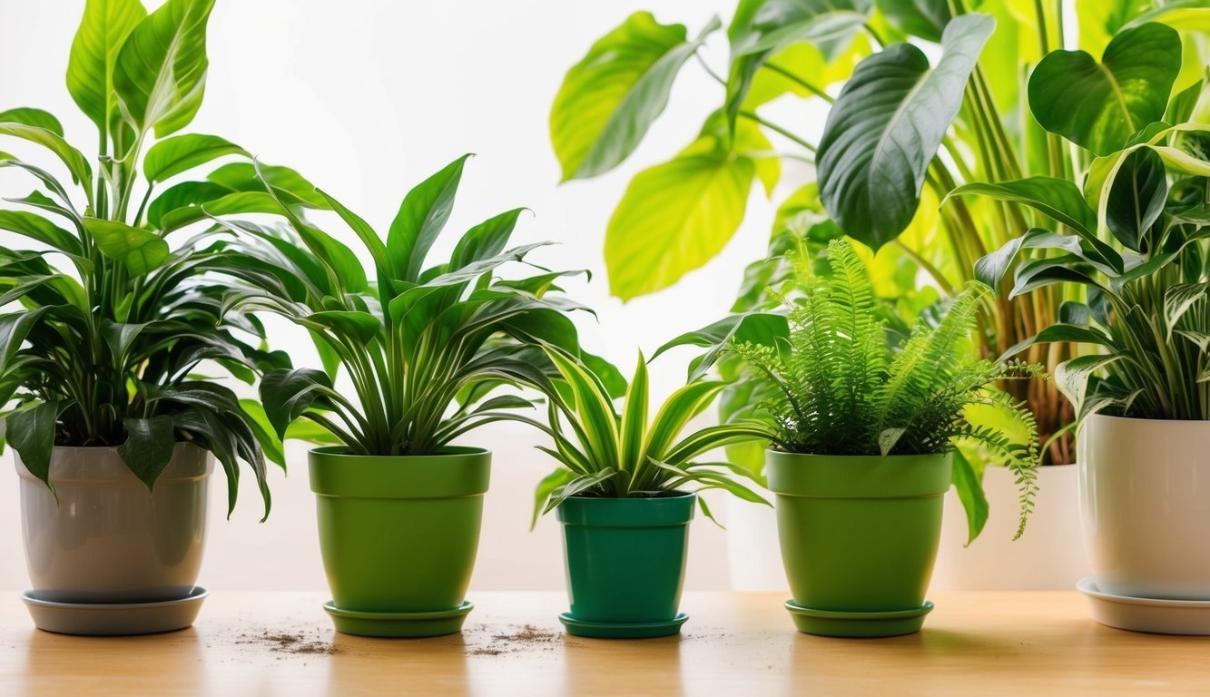 Various potted green plants on a wooden surface, bright background