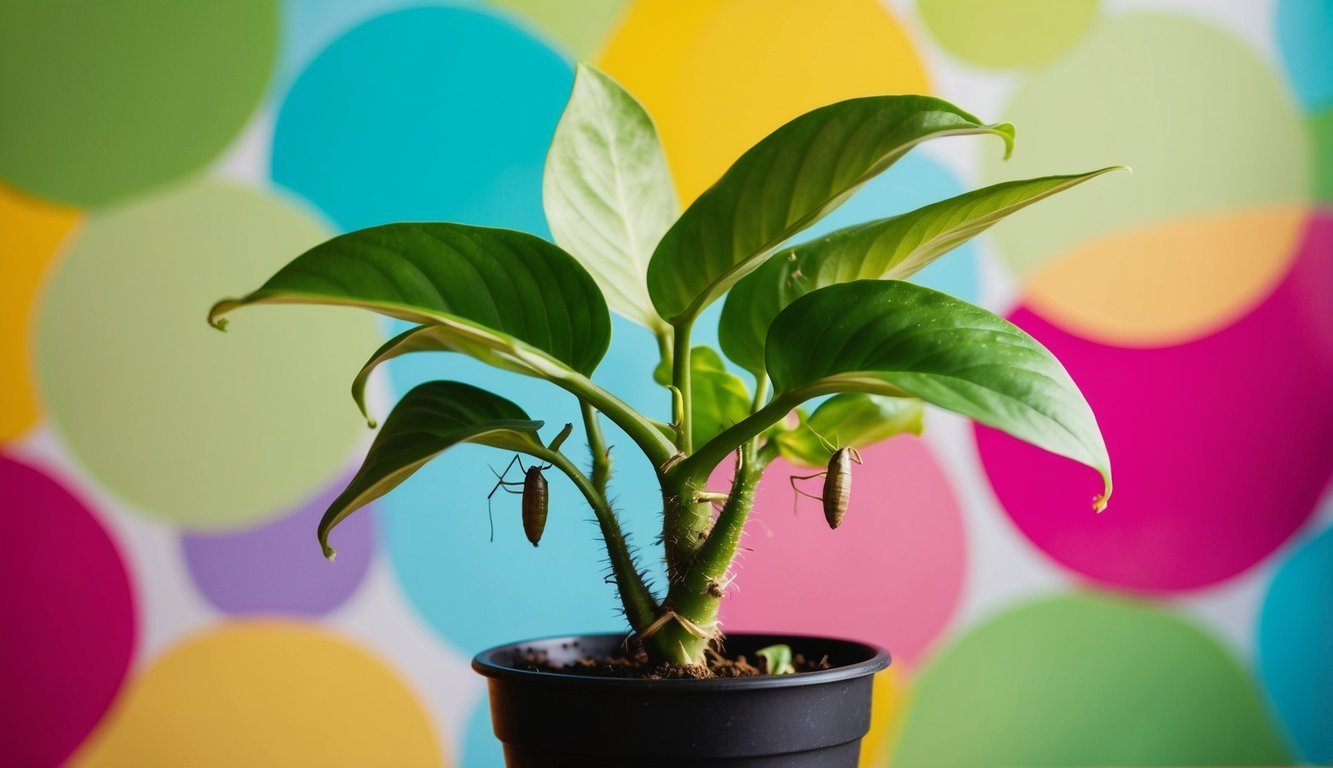 Potted plant with insects hanging from stems, colorful polka dot background