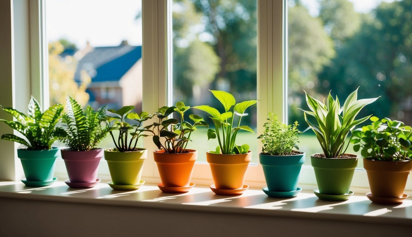 Row of potted plants on a windowsill with a sunny outdoor view