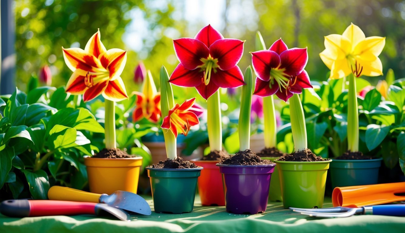 Colorful amaryllis flowers in pots with gardening tools on a table