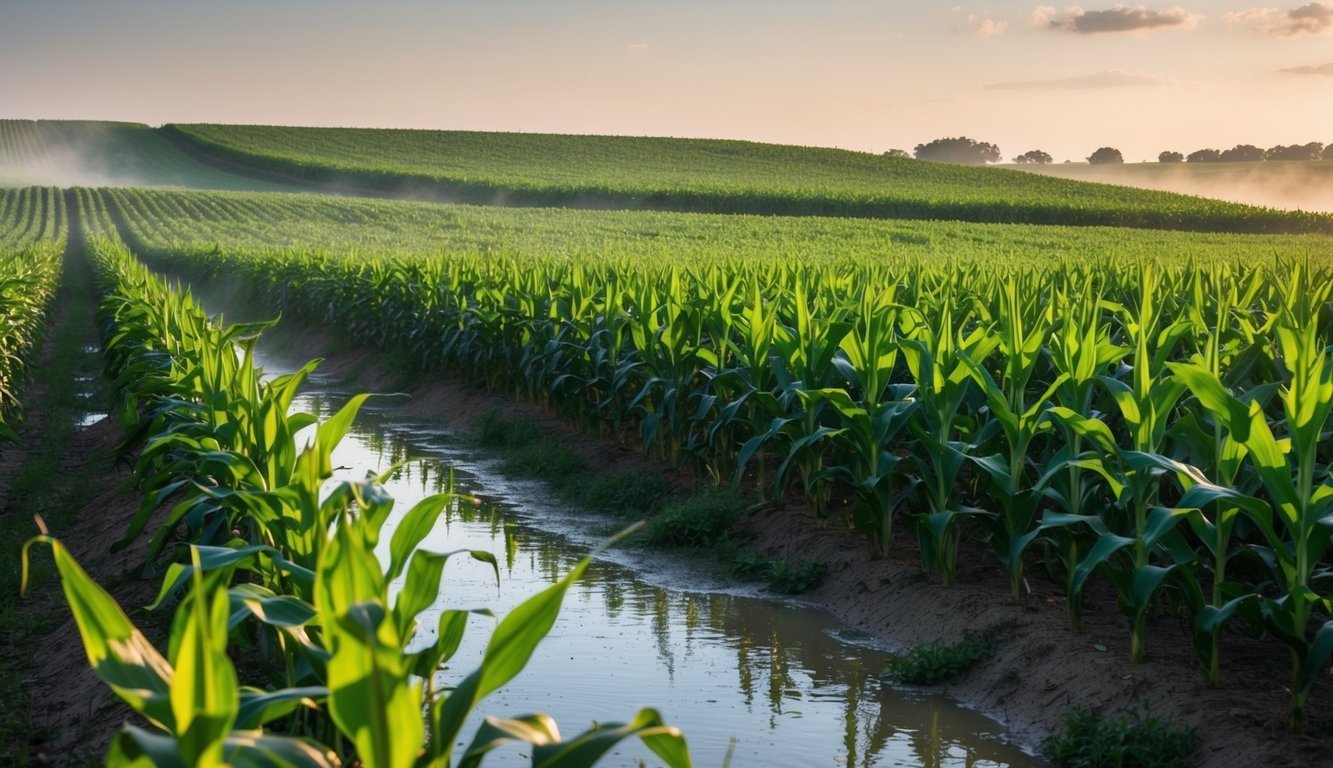 Corn field with water channels, bathed in morning sunlight